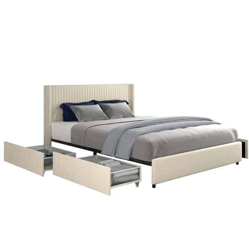 Anna Queen Size Velvet Upholstered Wingback Platform Bed Frame with 4 Storage Drawers, Modern Headboard, Wooden Slat Support, No Box Spring Needed, 84.4″ L x 63.5″ W x 39.0″ H, Ivory
