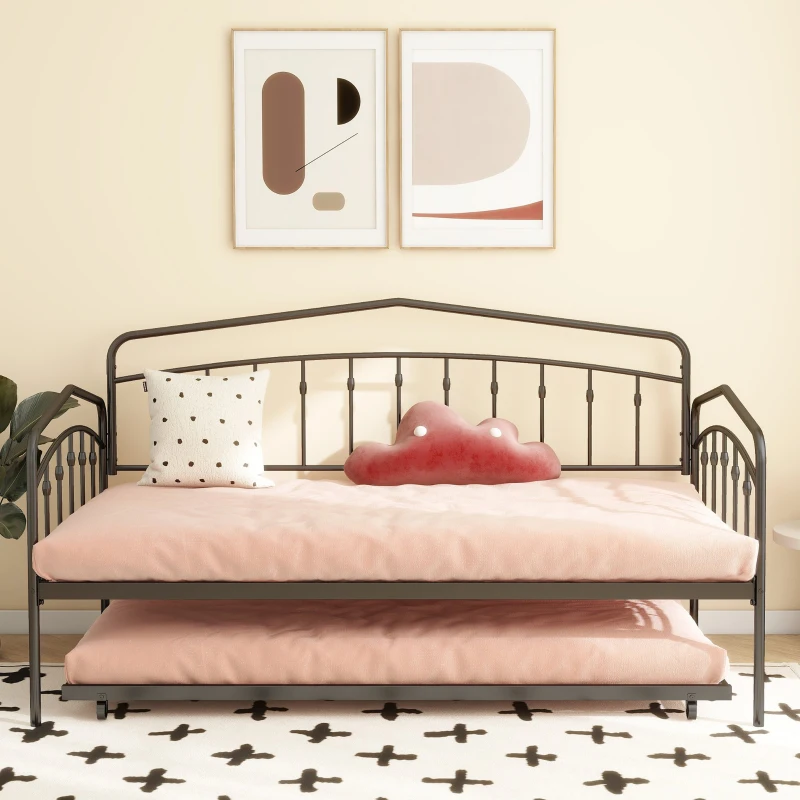 Fox Twin Metal Daybed Frame with Twin Trundle, Anti-Noise Design, Easy Installation, No Box Spring Needed, Fits Standard Twin Mattresses, Black