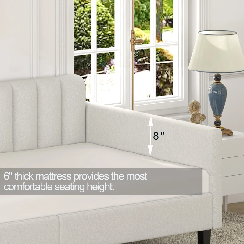 Elena Twin Size Upholstered Daybed Frame, Ribbed Tufted Backrest, Boucle Fabric, Durable Metal Frame, Easy Assembly, Ivory