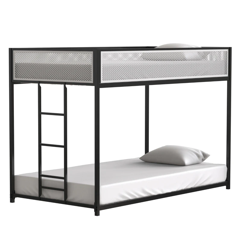 Twin Over Twin Bunk Metal Bed Frame with Mesh Guard Rail, Exchangeable Ladder, for Kids Bedrooms, Easy Assembly, 76.69″ L x 40.94″ W x 54.09″ H, Black