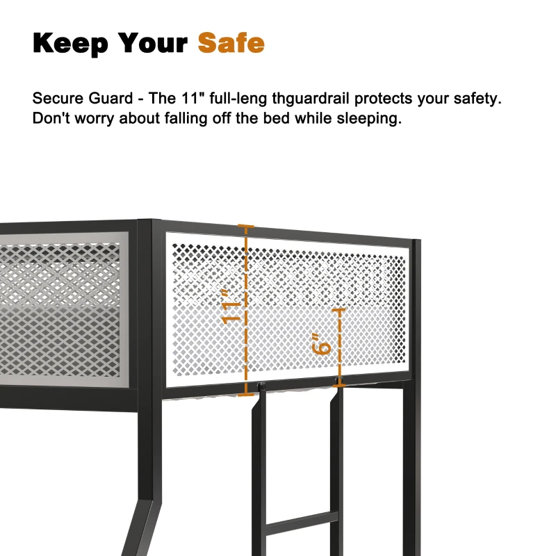 Twin Over Full Bunk Metal Bed Frame with Mesh Guard Rail, Adjustable Ladder, and Noise-Reducing EVA Pad, for Kids Bedrooms, Black