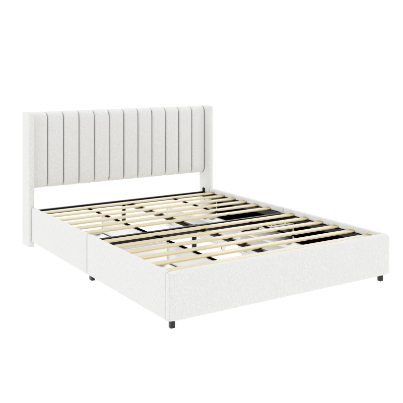 Anda Queen Size Upholstered Platform Bed Frame with 4 Storage Drawers, Tufted Headboard, Wooden Slat Support, No Box Spring Needed, 84.4″ L x 63.5″ W x 39.0″ H, Ivory