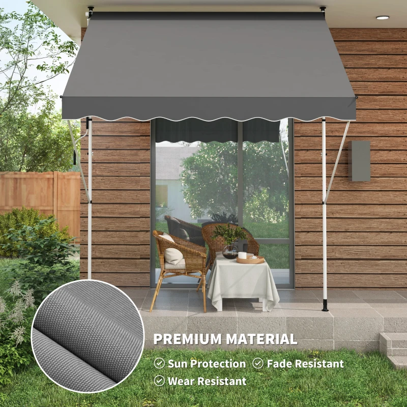 Outsunny 10x5ft Manual Retractable Awning, Patio Sun Shade Canopy Shelter with 5.6-9.2ft Support Pole, Water Resistant UV Protector, for Window, Door, Porch, Deck, Grey
