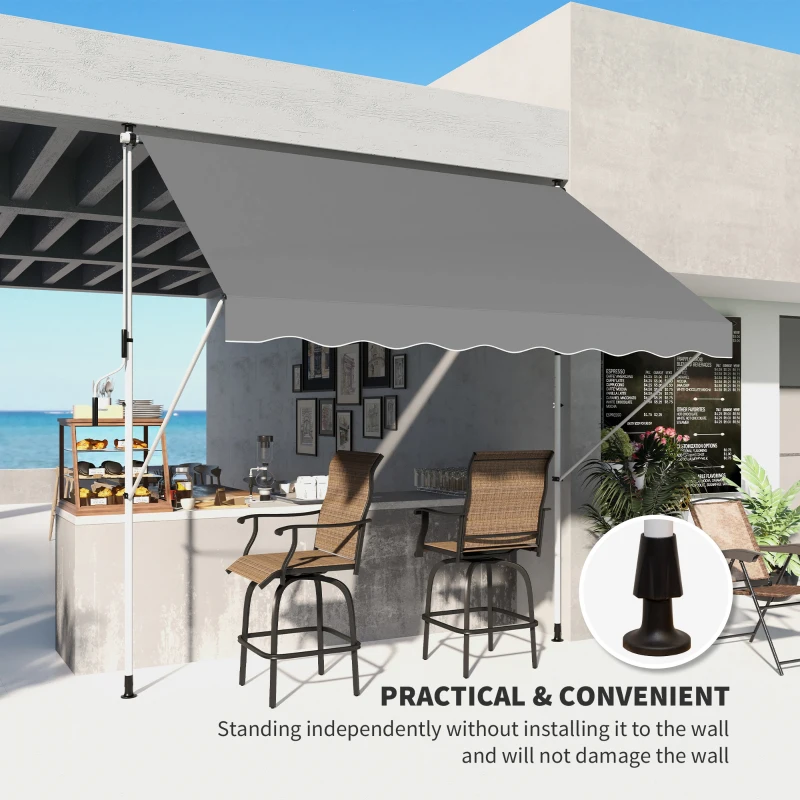 Outsunny 10x5ft Manual Retractable Awning, Patio Sun Shade Canopy Shelter with 5.6-9.2ft Support Pole, Water Resistant UV Protector, for Window, Door, Porch, Deck, Grey