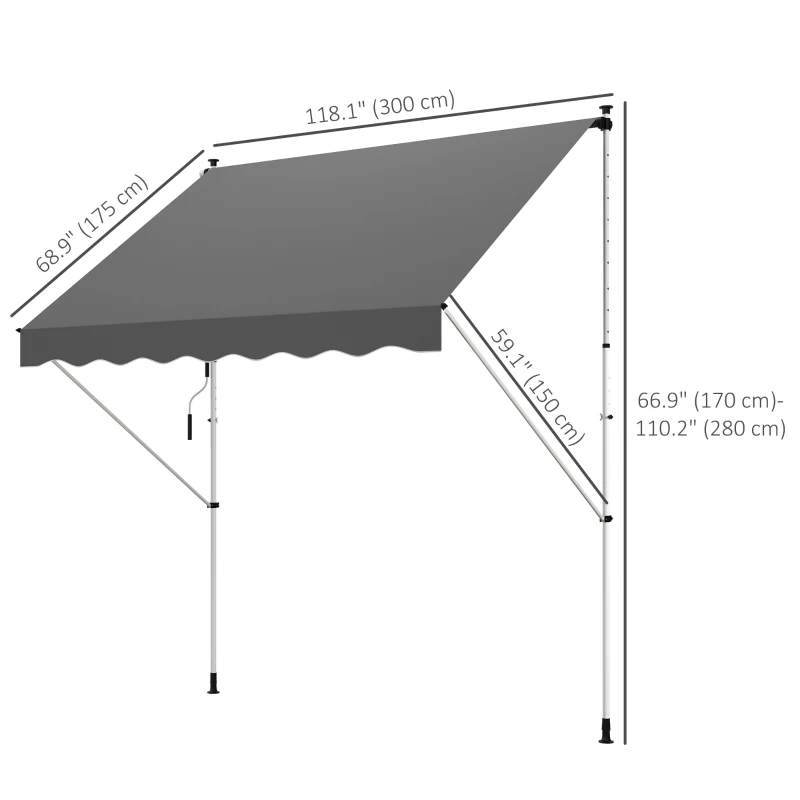 Outsunny 10x5ft Manual Retractable Awning, Patio Sun Shade Canopy Shelter with 5.6-9.2ft Support Pole, Water Resistant UV Protector, for Window, Door, Porch, Deck, Grey