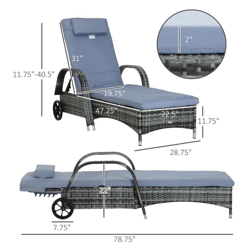 Outsunny Wicker Chaise Lounge, Outdoor Lounge Chair, PE Rattan Patio Sun lounger with Head-rest, 5-Level Height Adjust Backrest, Cushion, & Wheels, Mixed Grey and Grey