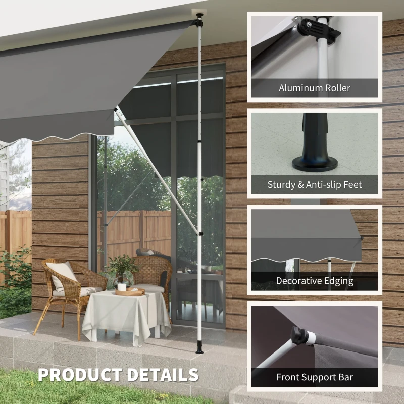 Outsunny 10x5ft Manual Retractable Awning, Patio Sun Shade Canopy Shelter with 5.6-9.2ft Support Pole, Water Resistant UV Protector, for Window, Door, Porch, Deck, Grey
