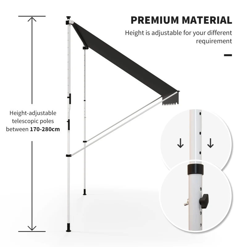 Outsunny 10x5ft Manual Retractable Awning, Patio Sun Shade Canopy Shelter with 5.6-9.2ft Support Pole, Water Resistant UV Protector, for Window, Door, Porch, Deck, Grey