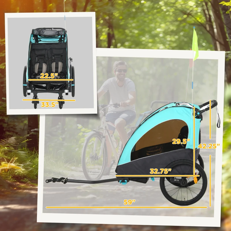 Aosom Bike Trailer for Kids 3 In1 Foldable Child Jogger Stroller Baby Stroller Transport Carrier with Shock Absorber System Rubber Tires Adjustable Handlebar Kid Bicycle Trailer Blue and Grey