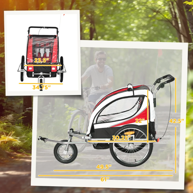 Aosom Foldable Bike Trailer for Kids, Toddler Carrier with 2 Seats, Safety Flag, Light Reflectors, & 5 Point Harness, Red