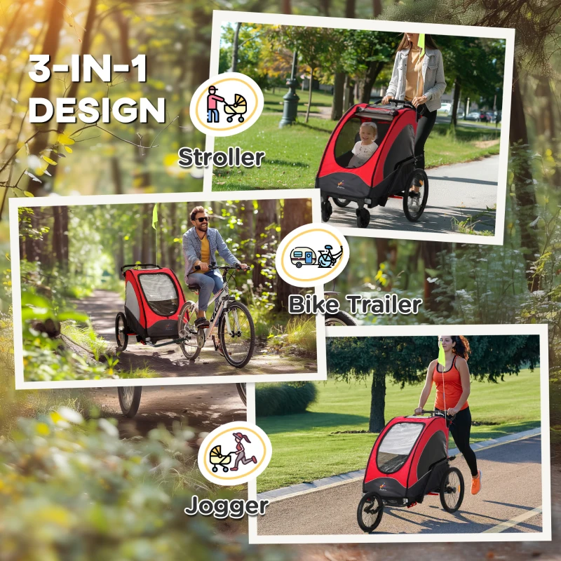 Aosom Bike Trailer for Kids 3 In1 Foldable Child Jogger Stroller Baby Stroller Transport Carrier with Shock Absorber System Rubber Tires Adjustable Handlebar Kid Bicycle Trailer Red and Grey
