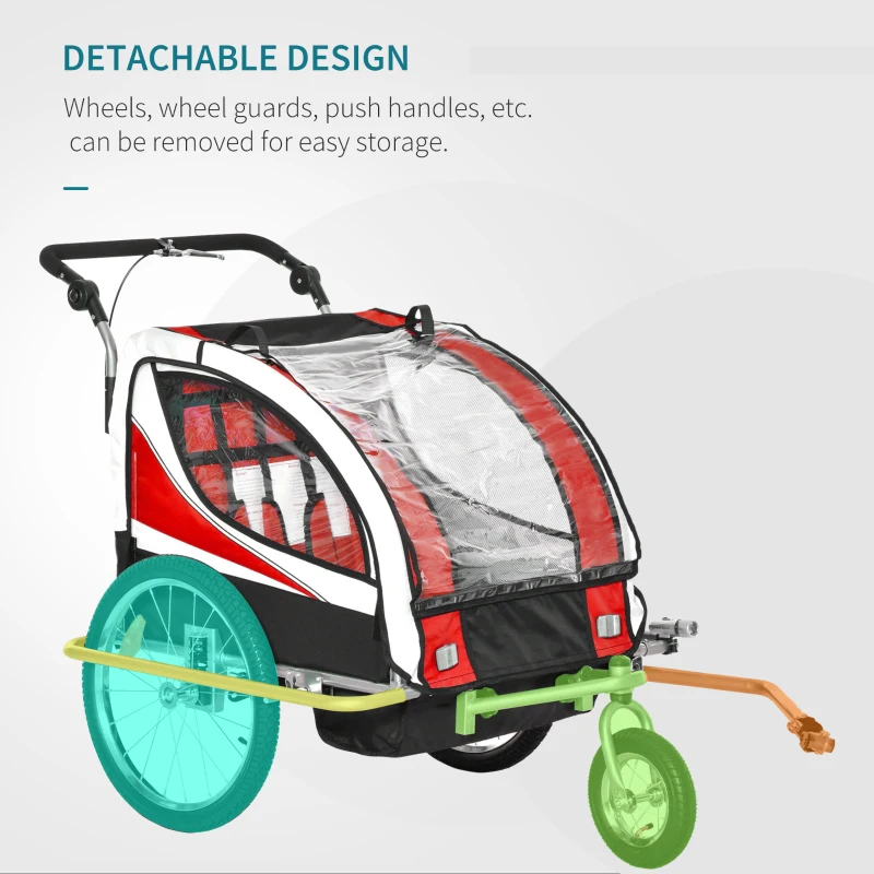 Aosom Foldable Bike Trailer for Kids, Toddler Carrier with 2 Seats, Safety Flag, Light Reflectors, & 5 Point Harness, Red