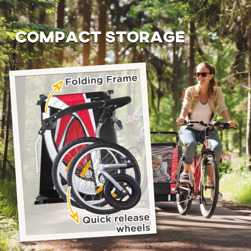 Aosom Foldable Bike Trailer for Kids, Toddler Carrier with 2 Seats, Safety Flag, Light Reflectors, & 5 Point Harness, Red