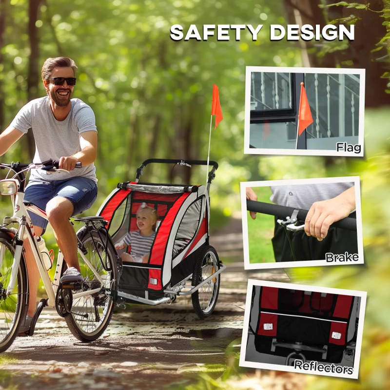 Aosom Foldable Bike Trailer for Kids, Toddler Carrier with 2 Seats, Safety Flag, Light Reflectors, & 5 Point Harness, Red