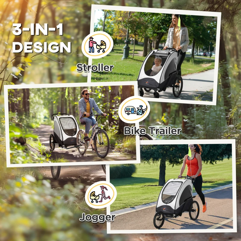 Aosom Bike Trailer for Kids 3 In1 Foldable Child Jogger Stroller Baby Stroller Transport Carrier with Shock Absorber System Rubber Tires Adjustable Handlebar Kid Bicycle Trailer White and Grey