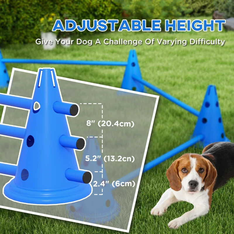 PawHut 39''L Set of 4 Dog Agility Hurdle Cone Set for Large Medium Small Size Dog, Agility Training Equipment 8 Cones 4 Rods Starter Kit with Carrying Bag, Blue