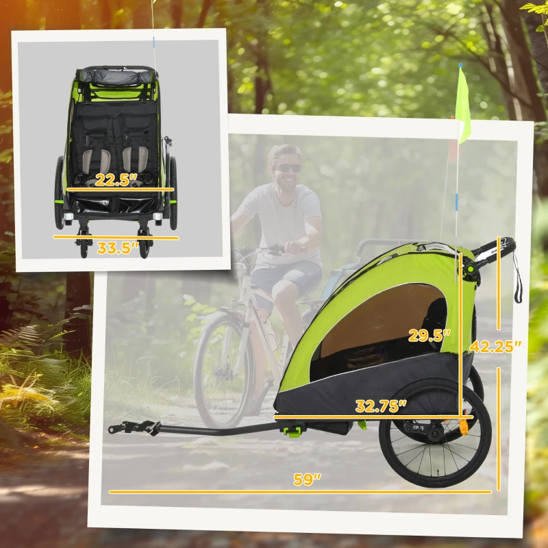 Aosom Bike Trailer for Kids 3 In1 Foldable Child Jogger Stroller Baby Stroller Transport Carrier with Shock Absorber System Rubber Tires Adjustable Handlebar Kid Bicycle Trailer Green and Gray