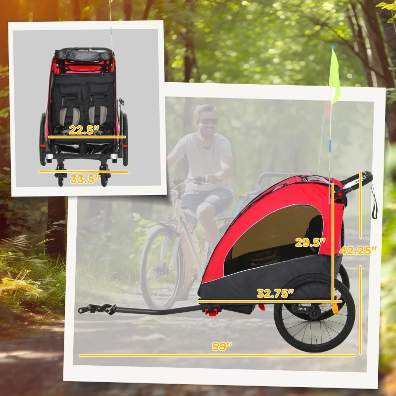 Aosom Bike Trailer for Kids 3 In1 Foldable Child Jogger Stroller Baby Stroller Transport Carrier with Shock Absorber System Rubber Tires Adjustable Handlebar Kid Bicycle Trailer Red and Grey