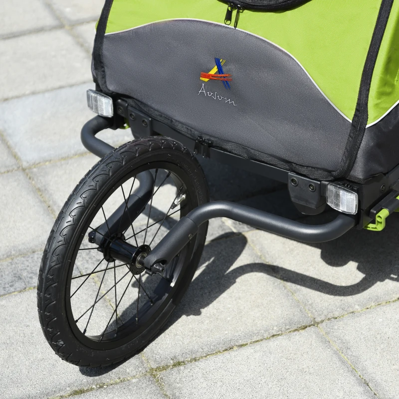 Aosom Bike Trailer for Kids 3 In1 Foldable Child Jogger Stroller Baby Stroller Transport Carrier with Shock Absorber System Rubber Tires Adjustable Handlebar Kid Bicycle Trailer Green and Gray