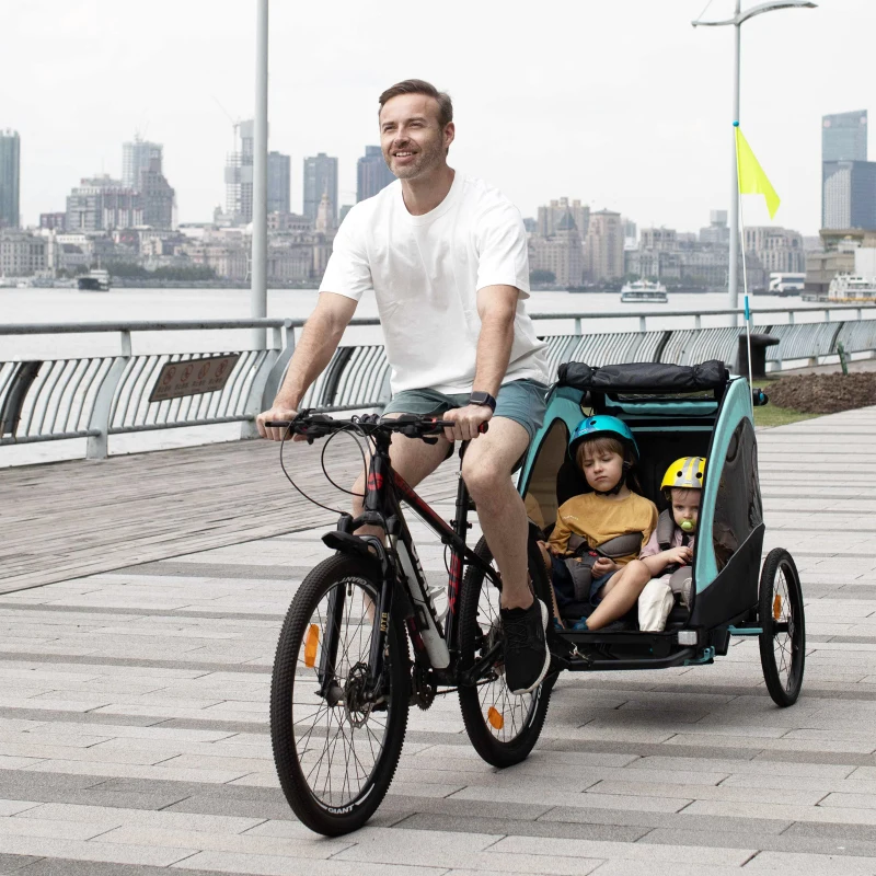 Aosom Bike Trailer for Kids 3 In1 Foldable Child Jogger Stroller Baby Stroller Transport Carrier with Shock Absorber System Rubber Tires Adjustable Handlebar Kid Bicycle Trailer Blue and Grey