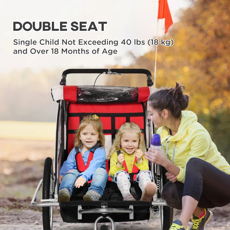 Aosom Foldable Bike Trailer for Kids, Toddler Carrier with 2 Seats, Safety Flag, Light Reflectors, & 5 Point Harness, Red