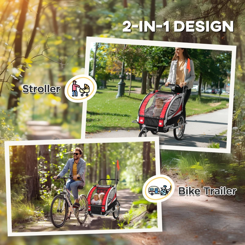 Aosom Foldable Bike Trailer for Kids, Toddler Carrier with 2 Seats, Safety Flag, Light Reflectors, & 5 Point Harness, Red