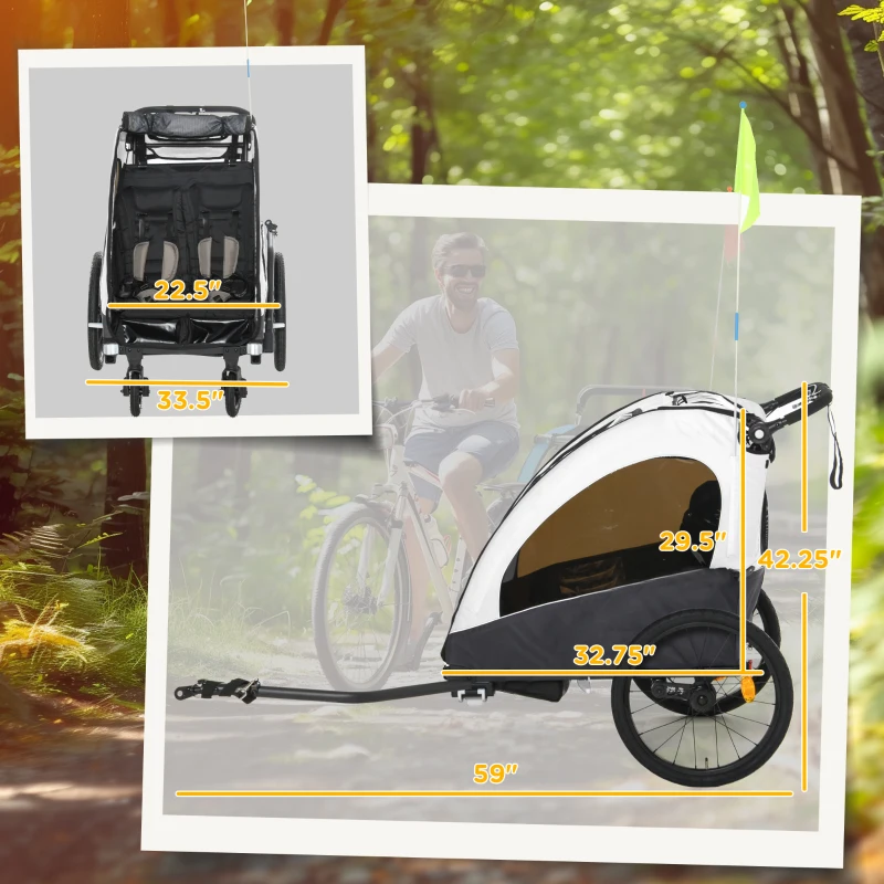 Aosom Bike Trailer for Kids 3 In1 Foldable Child Jogger Stroller Baby Stroller Transport Carrier with Shock Absorber System Rubber Tires Adjustable Handlebar Kid Bicycle Trailer White and Grey