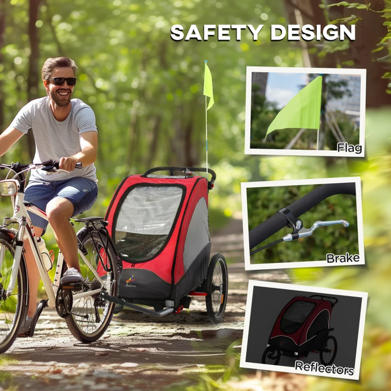 Aosom Bike Trailer for Kids 3 In1 Foldable Child Jogger Stroller Baby Stroller Transport Carrier with Shock Absorber System Rubber Tires Adjustable Handlebar Kid Bicycle Trailer Red and Grey