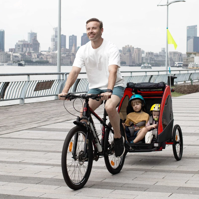 Aosom Bike Trailer for Kids 3 In1 Foldable Child Jogger Stroller Baby Stroller Transport Carrier with Shock Absorber System Rubber Tires Adjustable Handlebar Kid Bicycle Trailer Red and Grey
