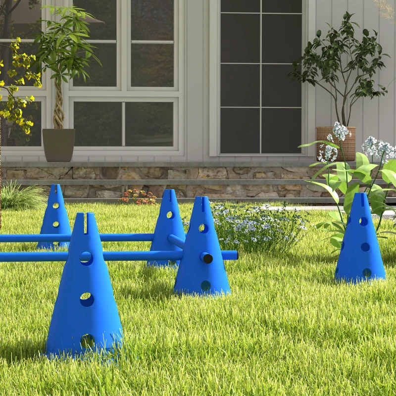 PawHut 39''L Set of 4 Dog Agility Hurdle Cone Set for Large Medium Small Size Dog, Agility Training Equipment 8 Cones 4 Rods Starter Kit with Carrying Bag, Blue