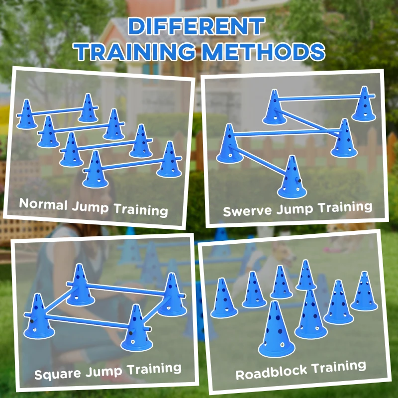 PawHut 39''L Set of 4 Dog Agility Hurdle Cone Set for Large Medium Small Size Dog, Agility Training Equipment 8 Cones 4 Rods Starter Kit with Carrying Bag, Blue