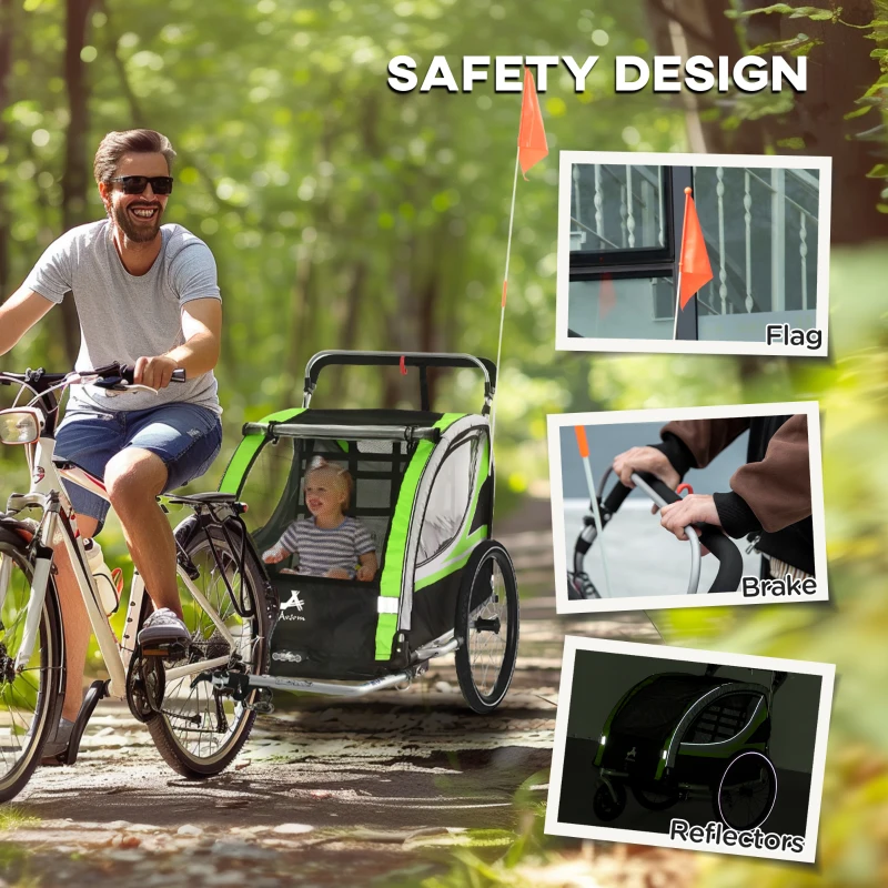 Aosom 3-in-1 Bike Trailer for Kids, Running Stroller with 2 Seats, Jogging Cart with 5-Point Harness, Storage Units, Green