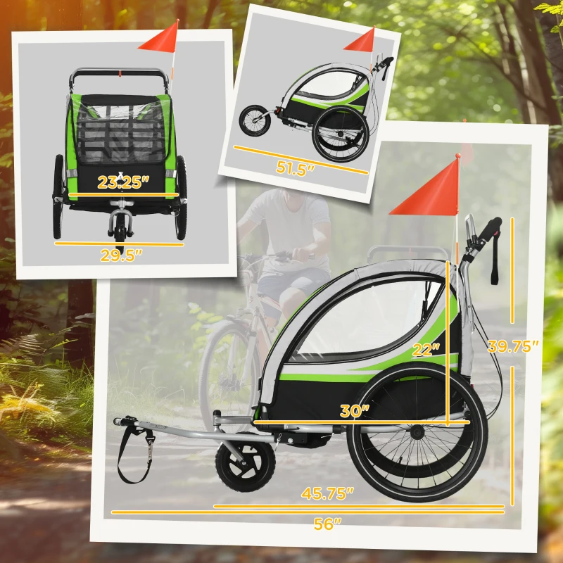 Aosom 3-in-1 Bike Trailer for Kids, Running Stroller with 2 Seats, Jogging Cart with 5-Point Harness, Storage Units, Green