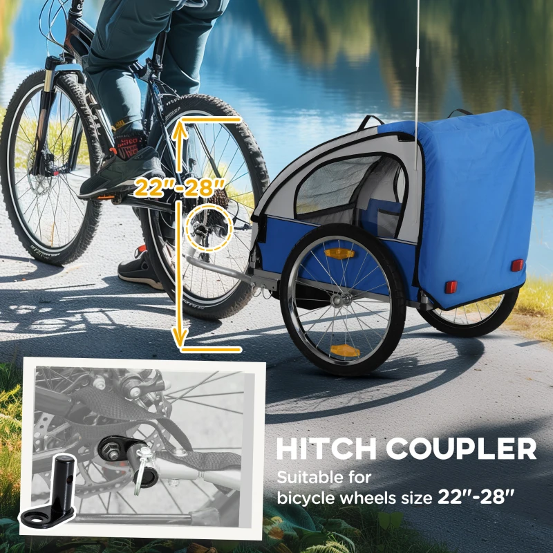 Aosom Double Bike Trailer for Kids Baby Toddler 80lbs Load w/ Steel Frame, 5-Point Safety Belts, Universal Bicycle Connect, Reflectors, Red Flag, Waterproof Cover, Blue