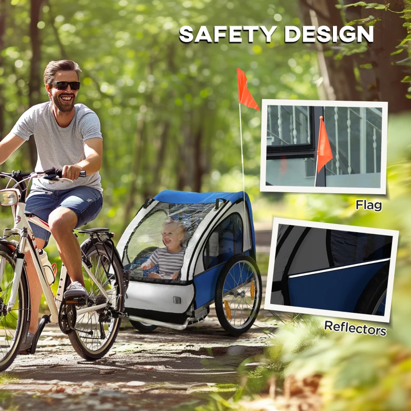 Aosom Double Bike Trailer for Kids Baby Toddler 80lbs Load w/ Steel Frame, 5-Point Safety Belts, Universal Bicycle Connect, Reflectors, Red Flag, Waterproof Cover, Blue