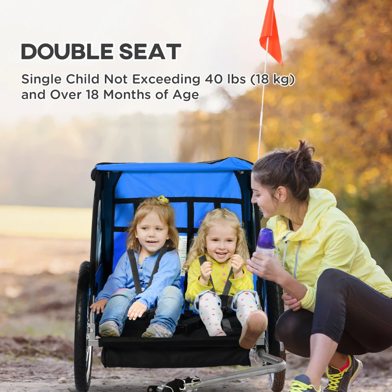 Aosom Double Bike Trailer for Kids Baby Toddler 80lbs Load w/ Steel Frame, 5-Point Safety Belts, Universal Bicycle Connect, Reflectors, Red Flag, Waterproof Cover, Blue