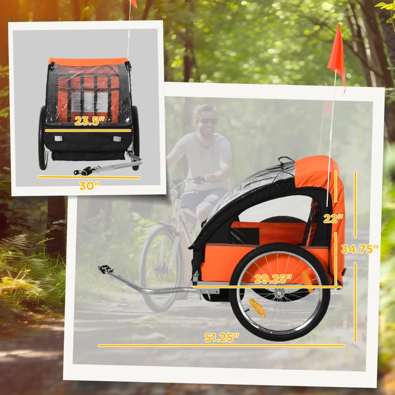 Aosom 2-Seat Child Bike Trailer for Kids with a Strong Steel Frame, 5-Point Safety Harnesses, & Comfortable Seat, Orange