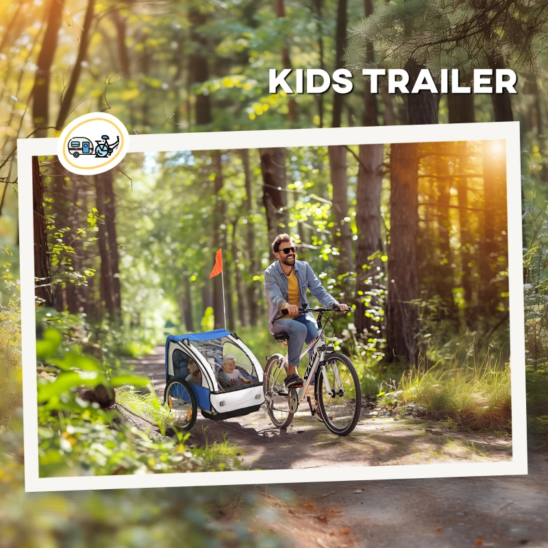 Aosom Double Bike Trailer for Kids Baby Toddler 80lbs Load w/ Steel Frame, 5-Point Safety Belts, Universal Bicycle Connect, Reflectors, Red Flag, Waterproof Cover, Blue