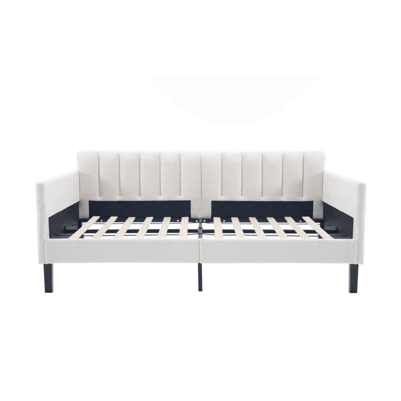 Elena Twin Size Upholstered Daybed Frame, Ribbed Tufted Backrest, Boucle Fabric, Durable Metal Frame, Easy Assembly, Ivory