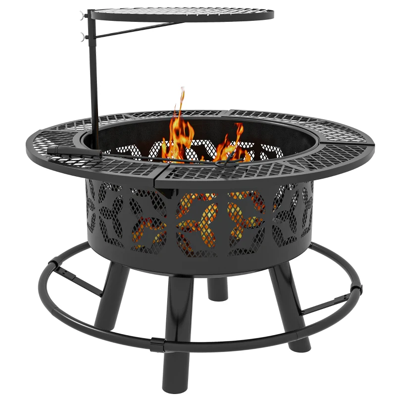 Outsunny Wood Burning Fire Pit, Charcoal BBQ Grill, Portable Firepit with Cooking Grate, Pan, and Poker, 33", Black