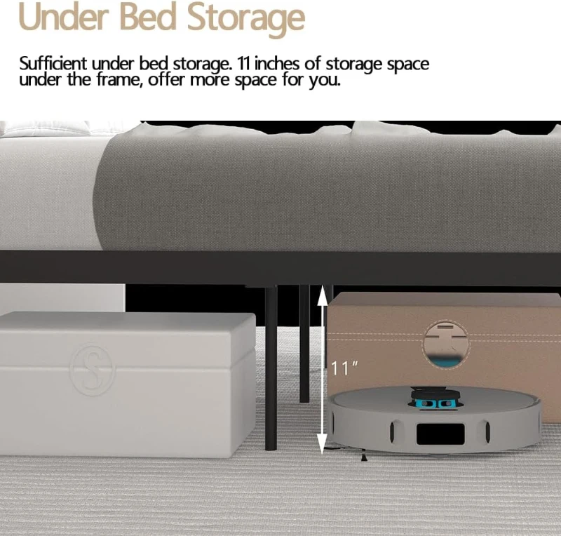 Tara Queen Size Metal Bed Frame with Vintage Headboard, Sturdy Frame with 1000 lbs Capacity, for Bedroom, No Box Spring Needed, Large Under-bed Storage, Black