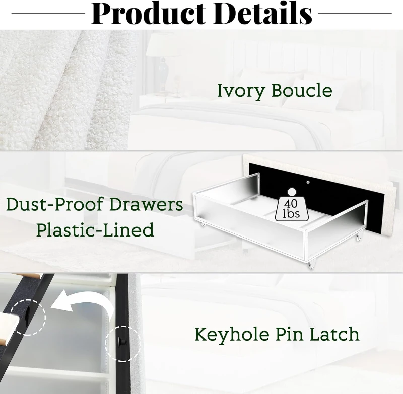 Queen Size Upholstered Platform Bed Frame with Patented 2 Drawers Storage, Tufted Headboard, Wooden Slat Support, for Bedroom, No Box Spring Needed, Ivory