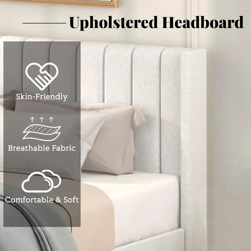 Queen Size Upholstered Platform Bed Frame with Patented 2 Drawers Storage, Tufted Headboard, Wooden Slat Support, for Bedroom, No Box Spring Needed, Ivory