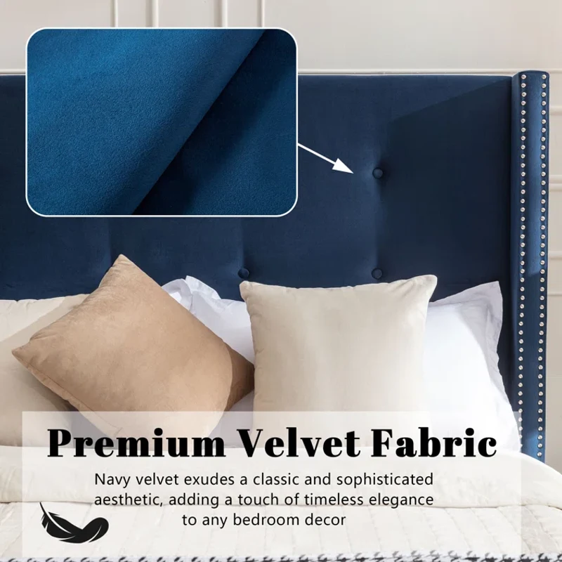 Upholstered Queen Bed Frame with Velvet 54" High Headboard, Traditional Hand Buttoned Tufting, Nailhead Trim Wingback, No Box Spring Needed, Blue
