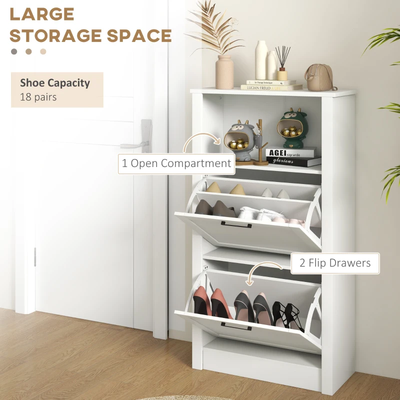 HOMCOM Narrow Shoe Cabinet with Open Shelf and 2 Flip Drawers for 10 Pairs of Shoes, for Entryway, Hallway, White