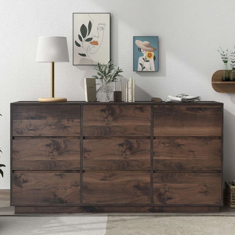 Vinsetto Mid-Century Modern 9-Drawer Dresser, Dark Walnut Finish, Scratch Resistant, Smooth Metal Runners, Dark Brown