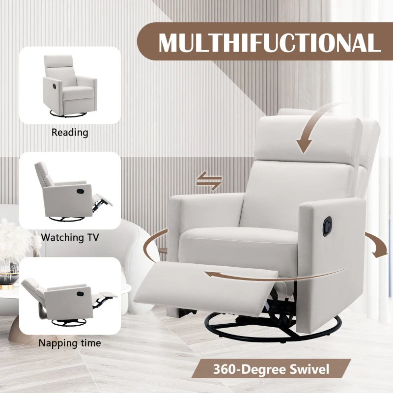 Modern Upholstered Rocker Nursery Chair, Plush Seating Glider Swivel Recliner with Adjustable Recline and Tall Backrest, 33.0" x 25.5" x 37.5", Beige