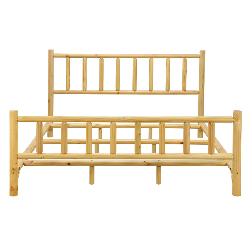Vinsetto Farmhouse Log Bed Frame King, Rustic Solid Pine Cylinder Construction, Fits Mattresses and Box Springs, Natural Finish, Natural