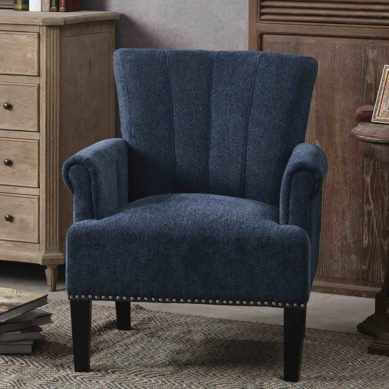 Accent Rivet Tufted Armchair, 100% Polyester Fabric, Foam Fill, Rubber Wood Legs, Navy