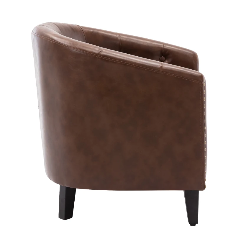 PU Leather Tufted Barrel Chair, Chesterfield-Inspired Design, Rubber Wood Legs, 28.3" x 24.0" x 27.5", Dark Brown